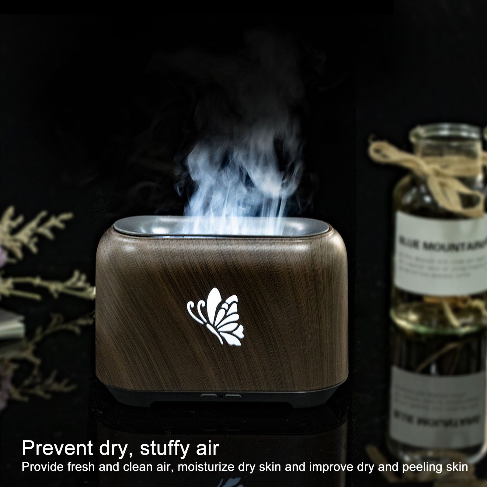 150ml Flame Diffuser Humidifier Prevents Dryness Silent Operation Wood Grain Humidifier with 7 Color Lights V1294-YM0521-3113230092511