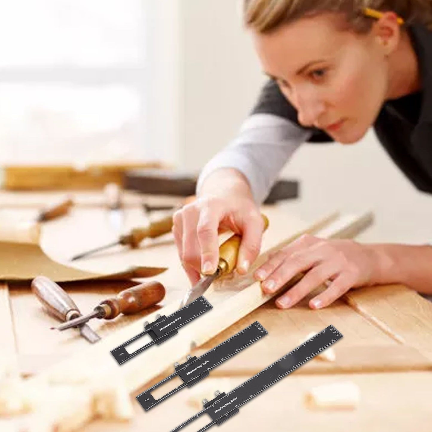 3 Pcs Woodworking Ruler Set Aluminium Alloy T Type Scribing Marking Measuring Ruler with Slide Stops V1294-YM0521-3114220118611