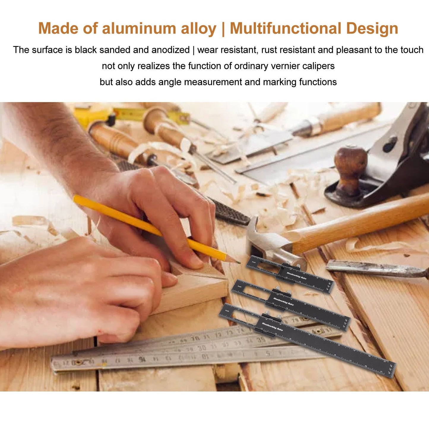 3 Pcs Woodworking Ruler Set Aluminium Alloy T Type Scribing Marking Measuring Ruler with Slide Stops V1294-YM0521-3114220118611