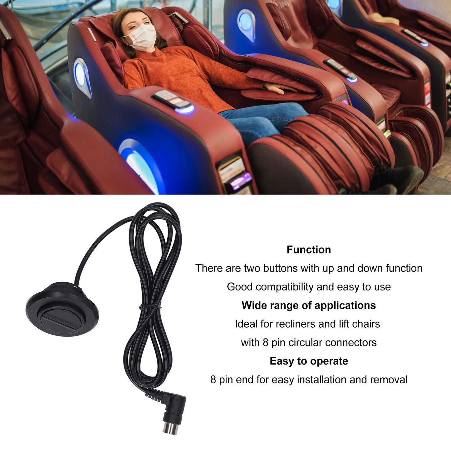 Lift Chair Hand Control 2 Push Button 8 Pin Universal Power Recliner Remote Handset Controller for Up and Down V1294-YM0521-3114230009811