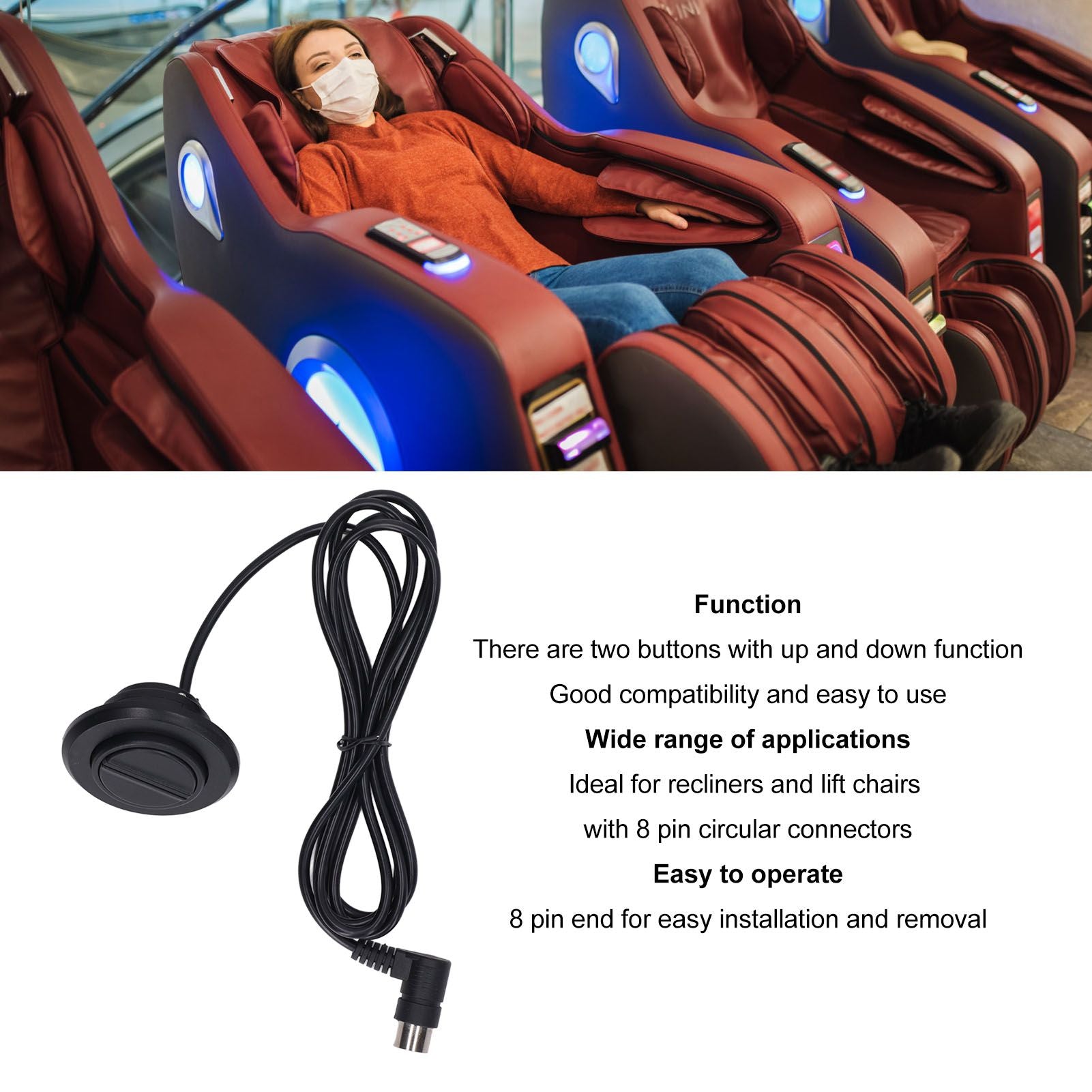 Lift Chair Hand Control 2 Push Button 8 Pin Universal Power Recliner Remote Handset Controller for Up and Down V1294-YM0521-3114230009811