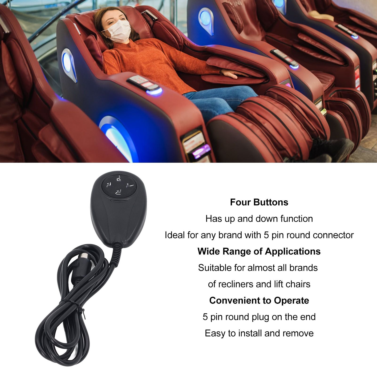 Lift Chair Remote 4 Buttons 5 Pin Up Down Replacement Hand Control Handset for Power Recliner V1294-YM0521-3114230010011
