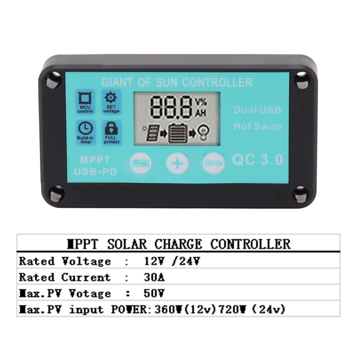 Solar Charge Controller Dual USB Output Fast Charging Solar Panel Regulator 12V/24V for Household Industry 30A V1294-YM0521-3114230012212
