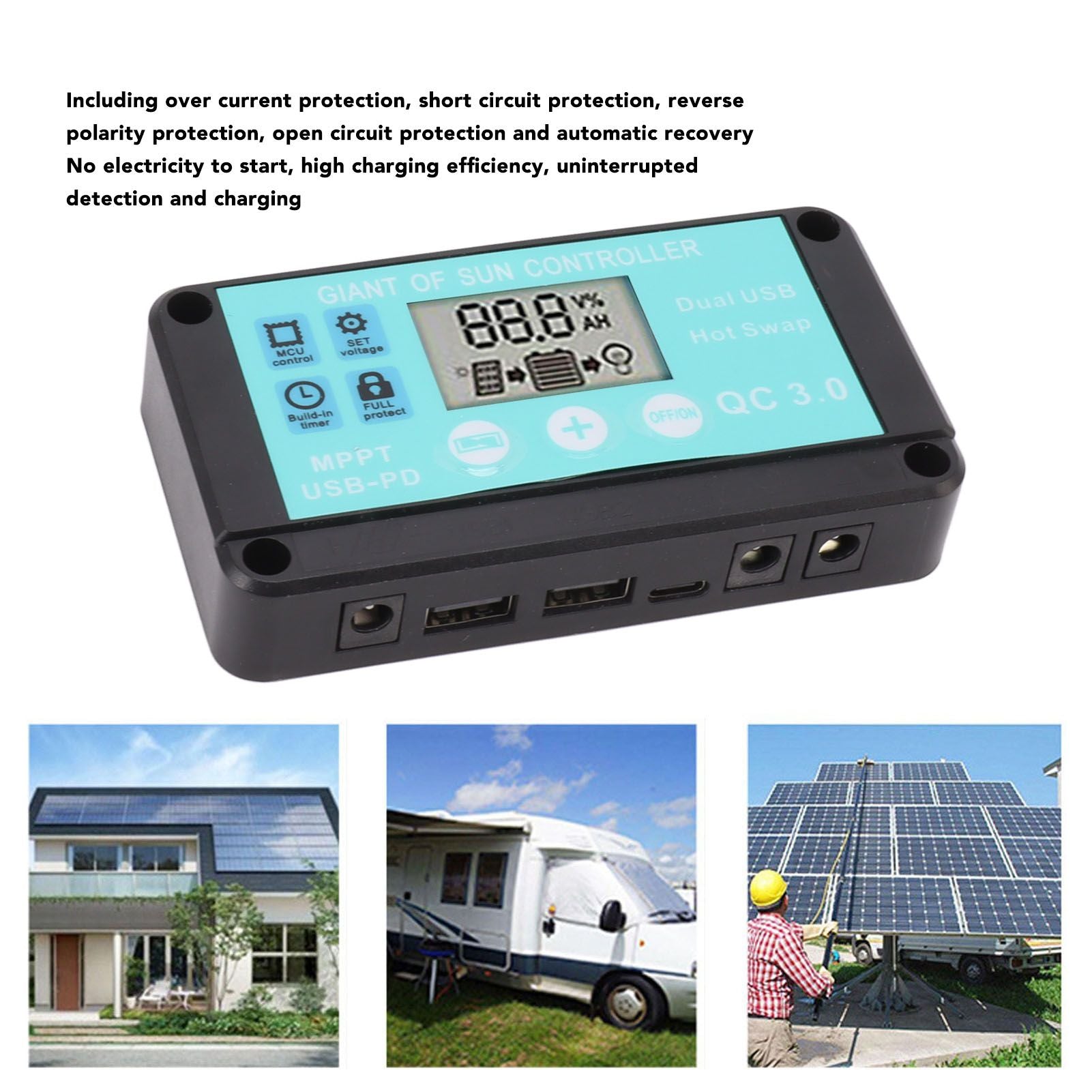 Solar Charge Controller Dual USB Output Fast Charging Solar Panel Regulator 12V/24V for Household Industry 50A V1294-YM0521-3114230012213