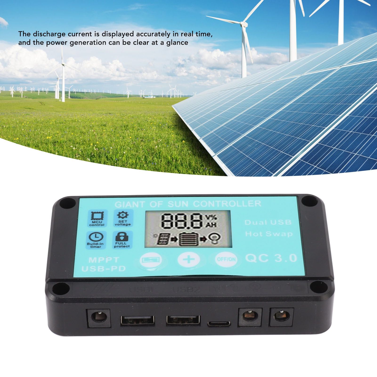 Solar Charge Controller Dual USB Output Fast Charging Solar Panel Regulator 12V/24V for Household Industry 50A V1294-YM0521-3114230012213