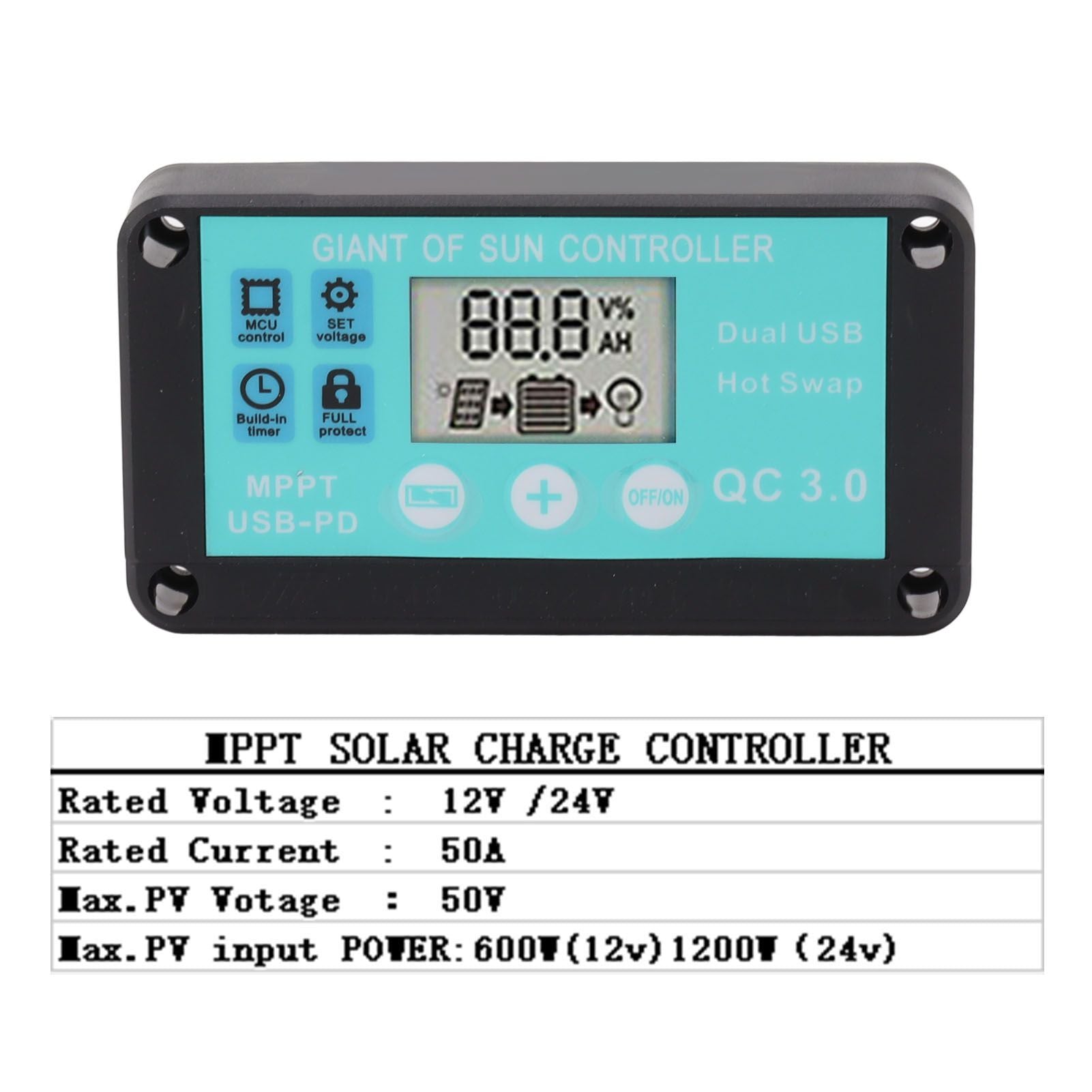 Solar Charge Controller Dual USB Output Fast Charging Solar Panel Regulator 12V/24V for Household Industry 50A V1294-YM0521-3114230012213