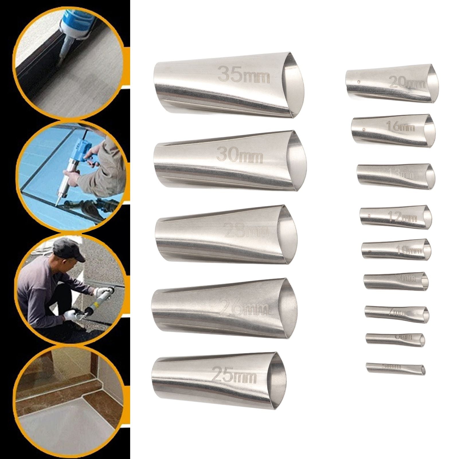 14pcs Caulking Nozzle Applicator 45 Degree Professional Stainless Steel Caulking Finisher Kit for Bathrooms V1294-YM0521-3114230012311