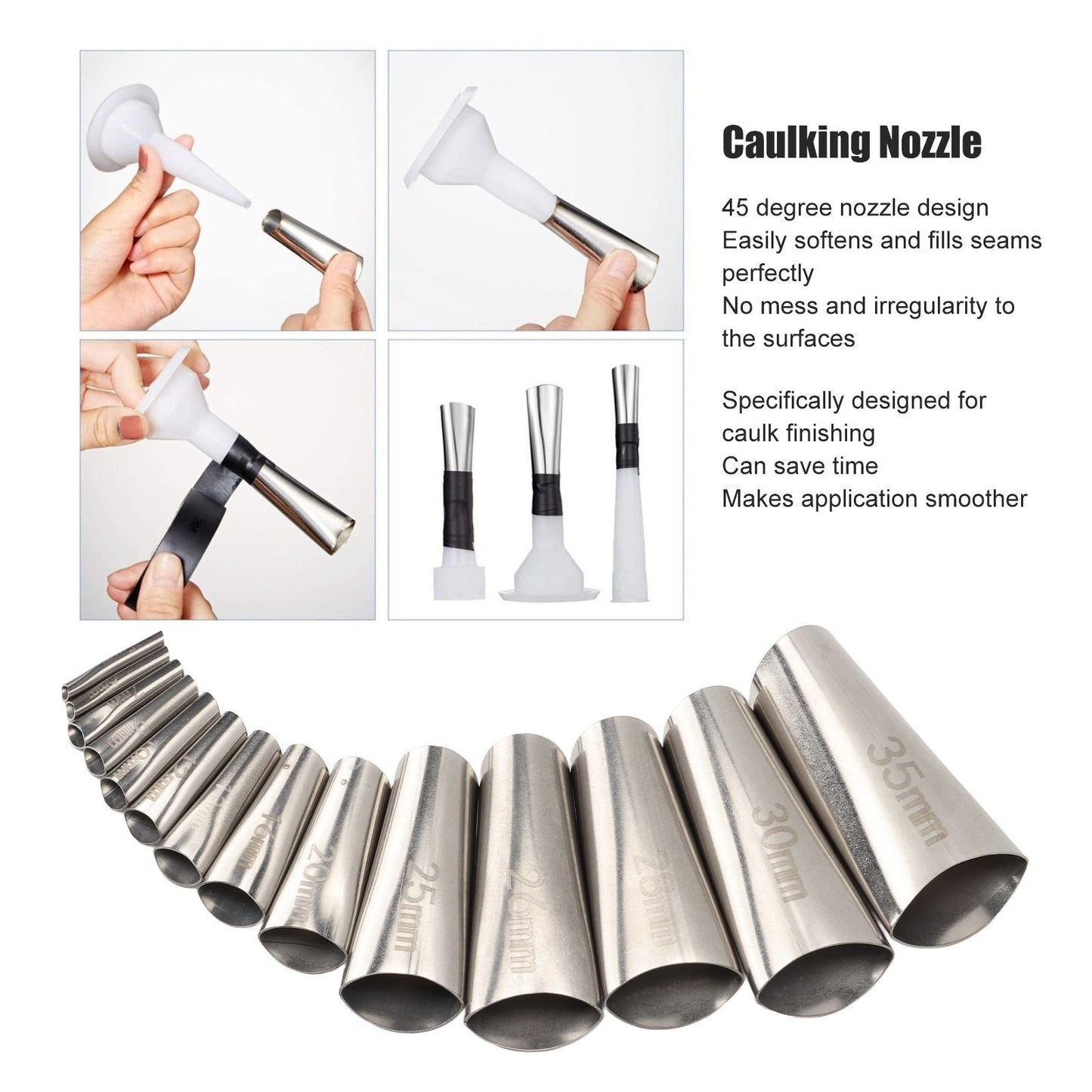 14pcs Caulking Nozzle Applicator 45 Degree Professional Stainless Steel Caulking Finisher Kit for Bathrooms V1294-YM0521-3114230012311