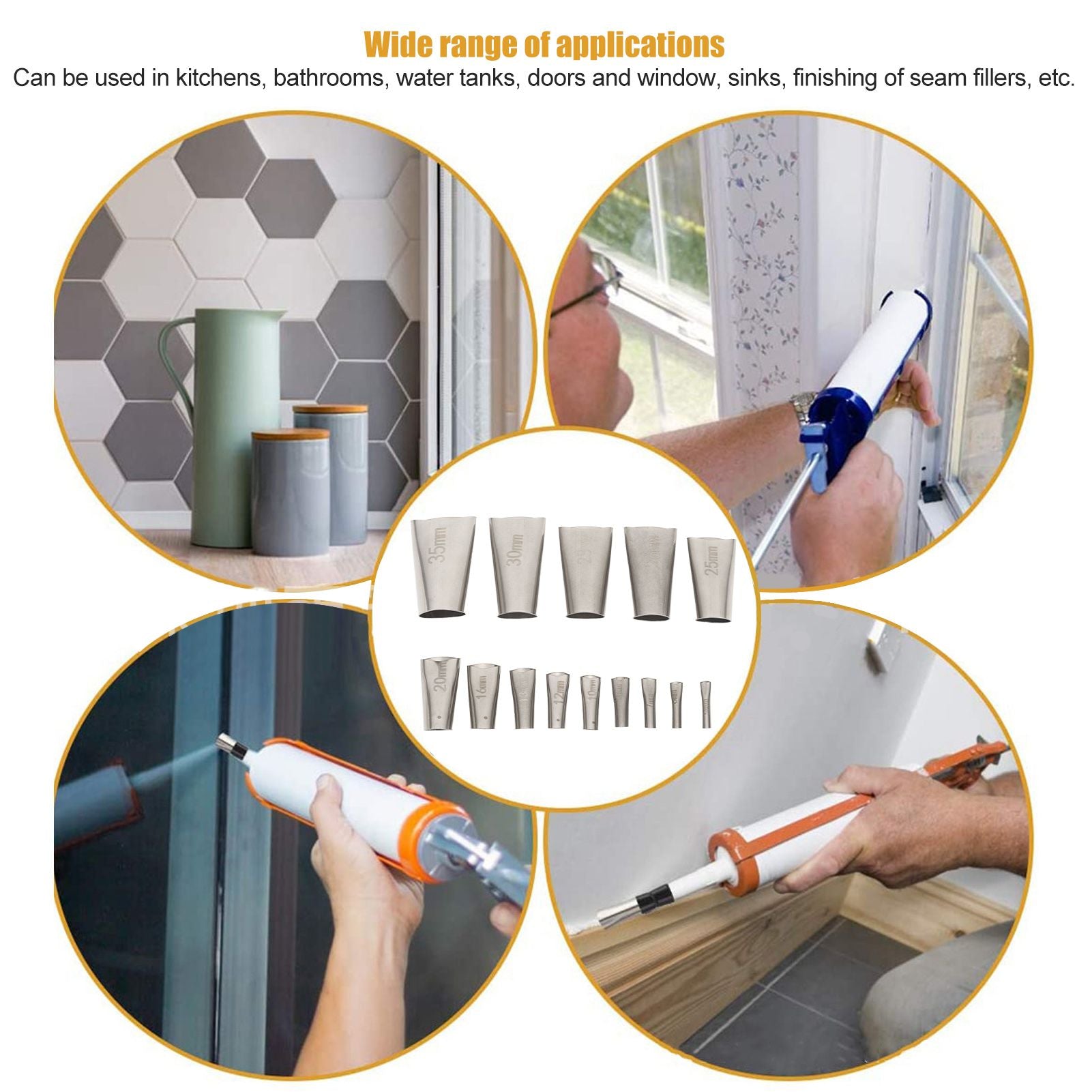 14pcs Caulking Nozzle Applicator 45 Degree Professional Stainless Steel Caulking Finisher Kit for Bathrooms V1294-YM0521-3114230012311