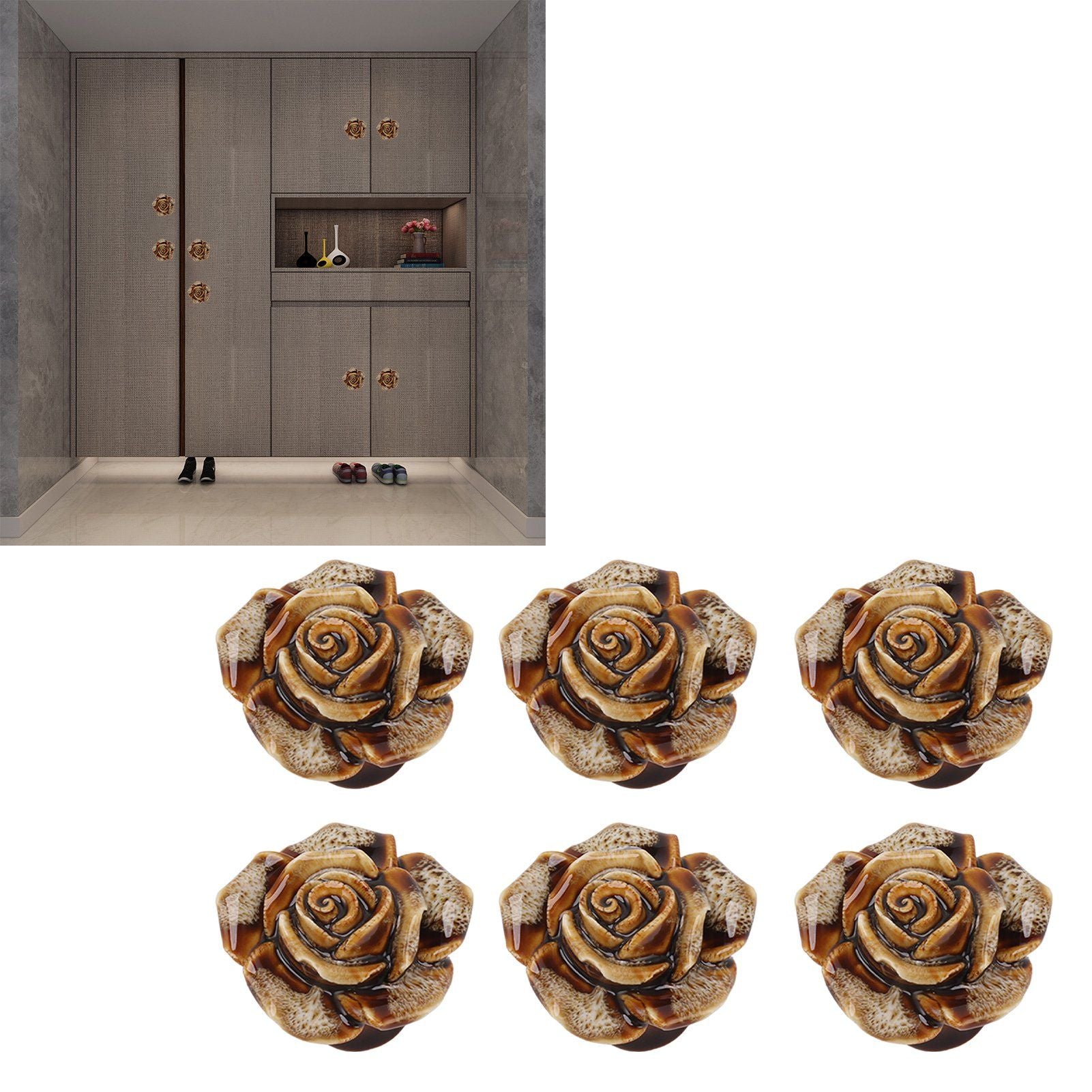 6Pcs Cabinet Knob Rose Flower Shape Delicate Ceramic Knob for Dresser Drawer Leopard White V1294-YM0521-3114230023811