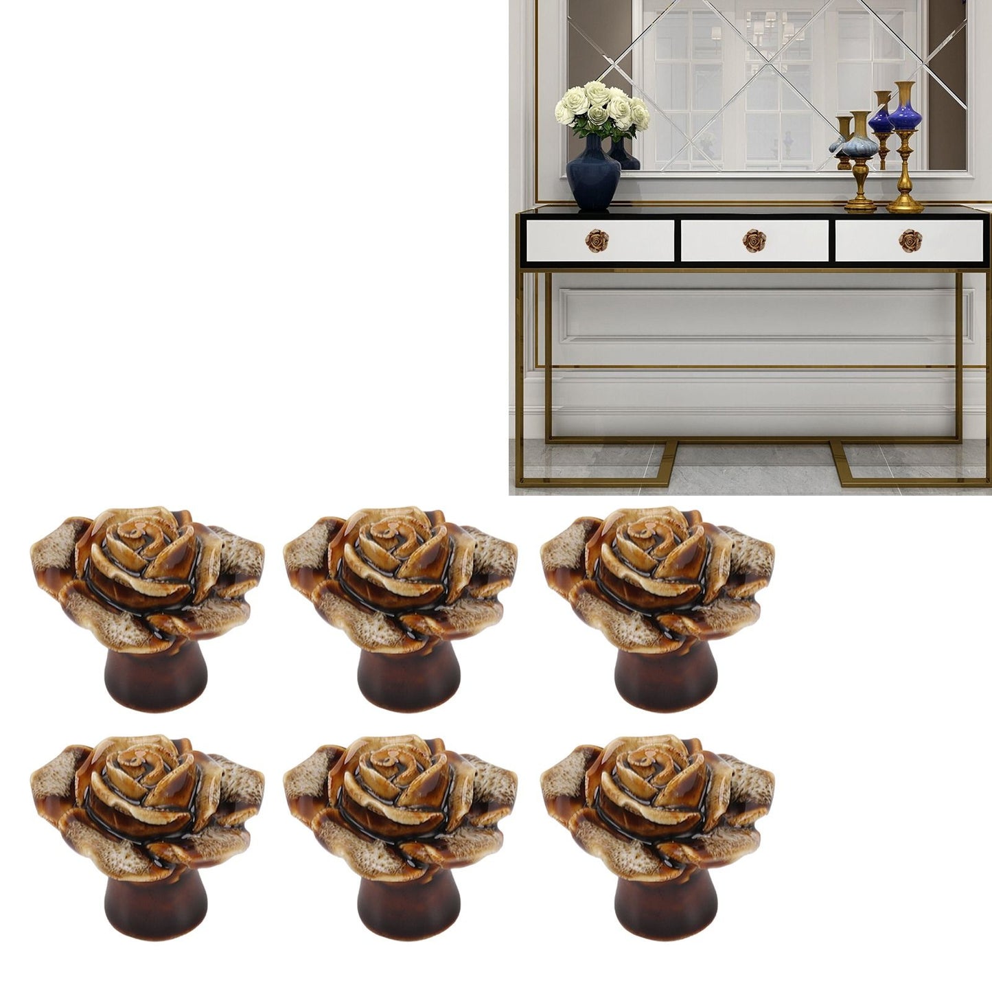 6Pcs Cabinet Knob Rose Flower Shape Delicate Ceramic Knob for Dresser Drawer Leopard White V1294-YM0521-3114230023811