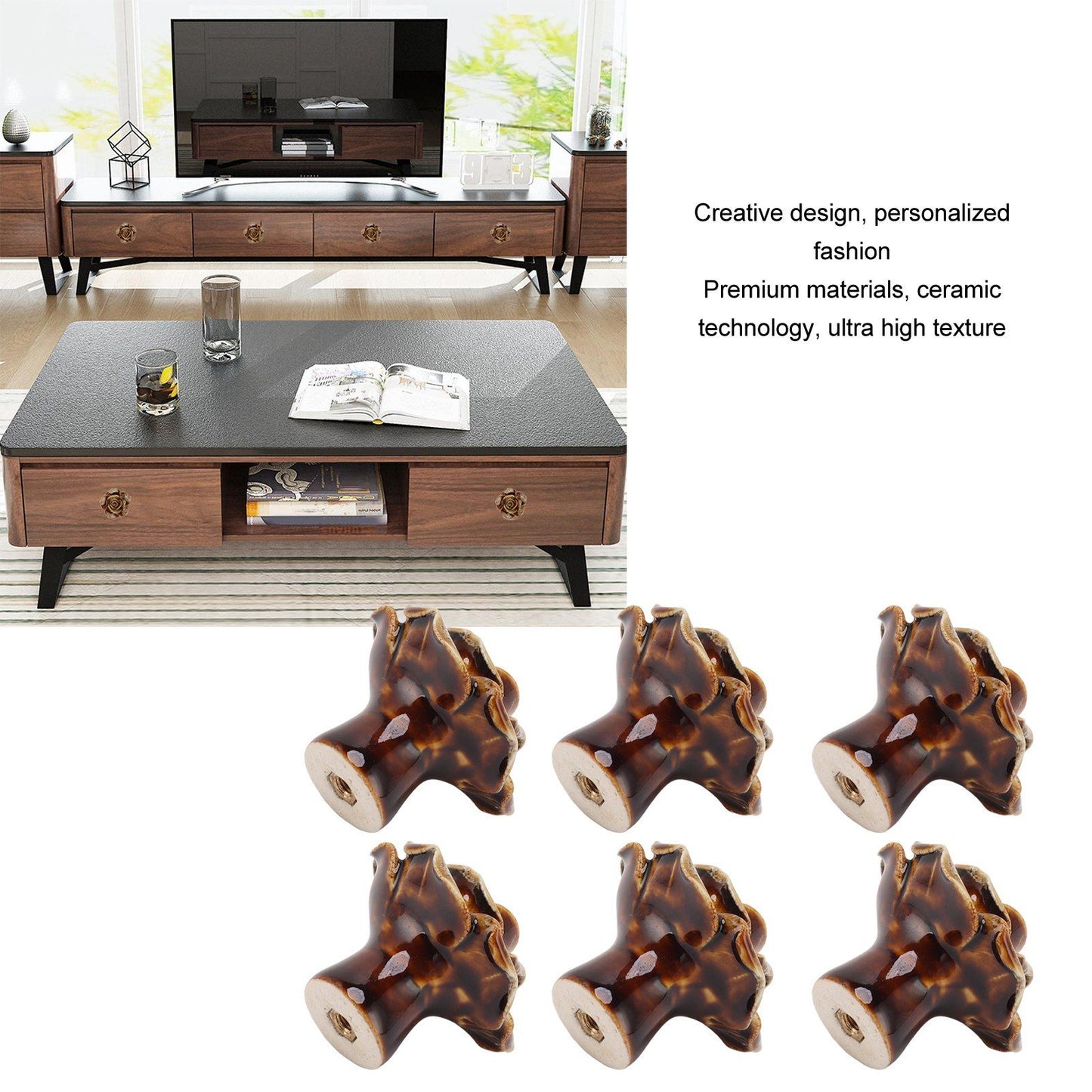 6Pcs Cabinet Knob Rose Flower Shape Delicate Ceramic Knob for Dresser Drawer Leopard White V1294-YM0521-3114230023811