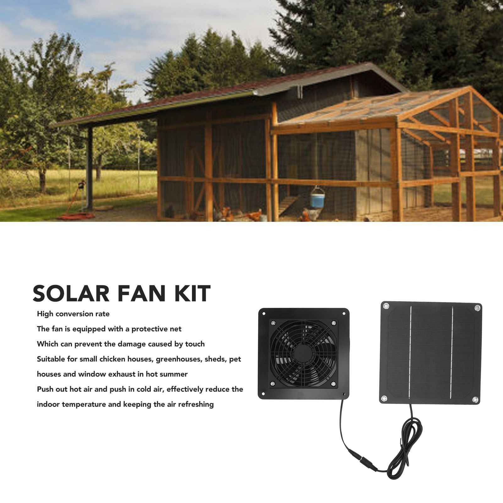 10W Solar Panel Fan Kit High Speed Solar Panel Powered Fan with 150cm Cable Protection Net for Pet House V1294-YM0521-3114230026611