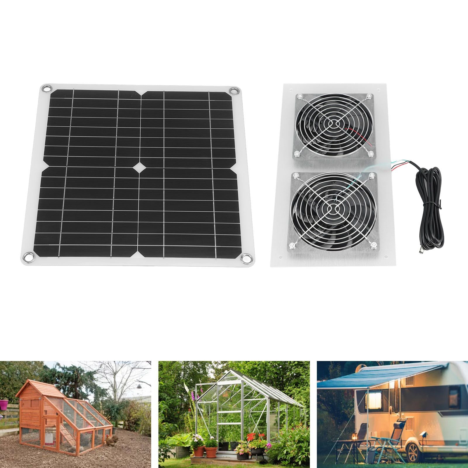 25W Solar Panel Fan Kit IPX65 Waterproof Low Noise Efficient Solar Powered Dual Fan for Chicken Coop Kennel V1294-YM0521-3114230040711