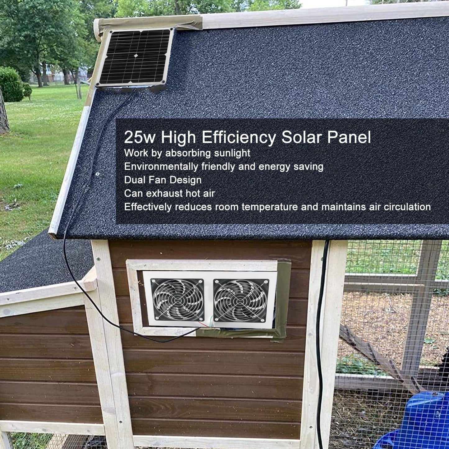 25W Solar Panel Fan Kit IPX65 Waterproof Low Noise Efficient Solar Powered Dual Fan for Chicken Coop Kennel V1294-YM0521-3114230040711