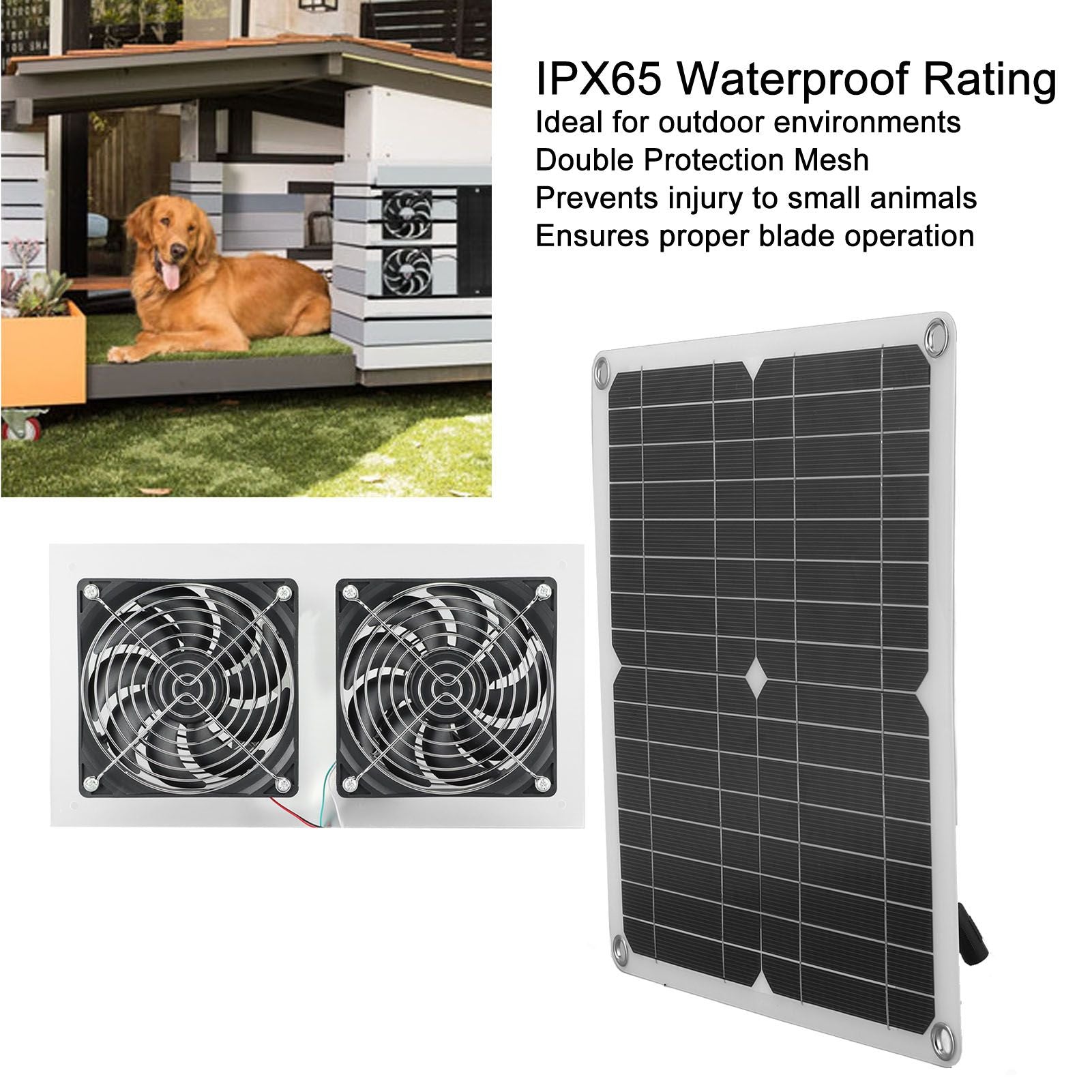 25W Solar Panel Fan Kit IPX65 Waterproof Low Noise Efficient Solar Powered Dual Fan for Chicken Coop Kennel V1294-YM0521-3114230040711