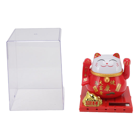Solar Powered Waving Red Fat Cat Good Luck Wealth Welcoming Lucky Fortune Cat Home Room Office Desktop V1294-YM0521-3115220147411