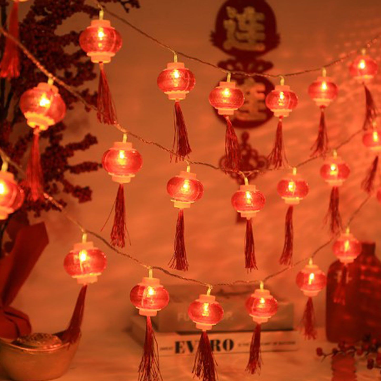 Red Chinese Lantern String Lights LED Light Beads Waterproof New Year Lantern with PVC Shell for Courtyards V1294-YM0521-3115220158614