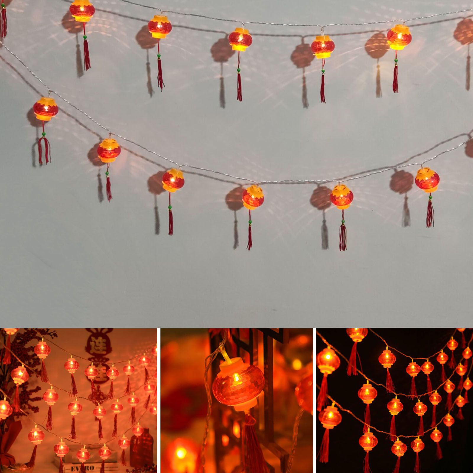 Red Chinese Lantern String Lights LED Light Beads Waterproof New Year Lantern with PVC Shell for Courtyards V1294-YM0521-3115220158614