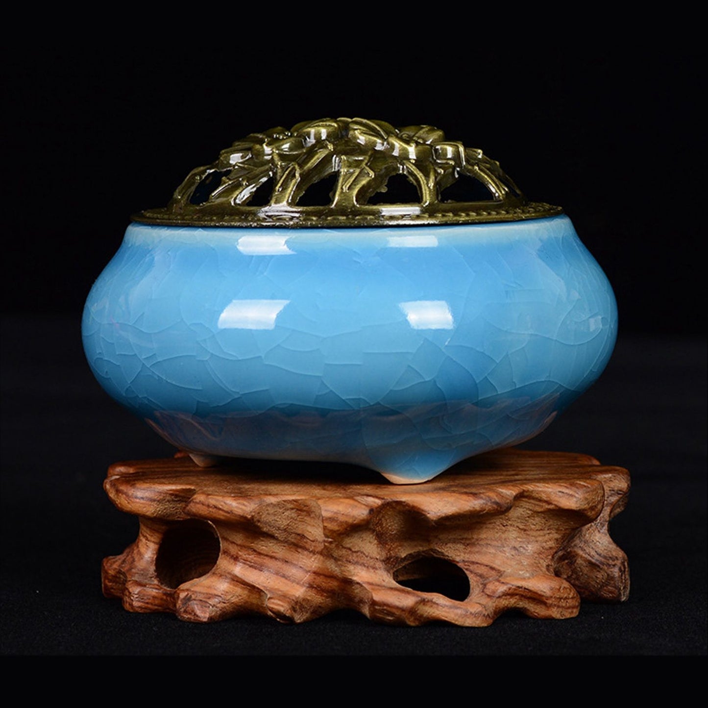 Sky Blue Ceramic Incense Burner Household Indoor Ice Cracked Incense Burner with Lid V1294-YM0521-3115220167211