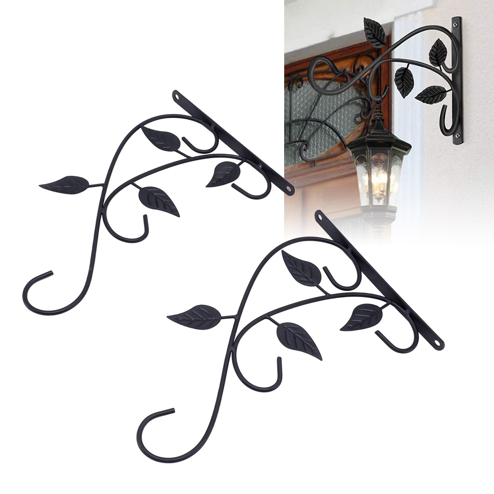 2pcs Hanging Plant Bracket Heavy Duty Rust Resistant Durable Iron Art Outdoor Planter Hanger Hooks Black V1294-YM0521-3115230021511