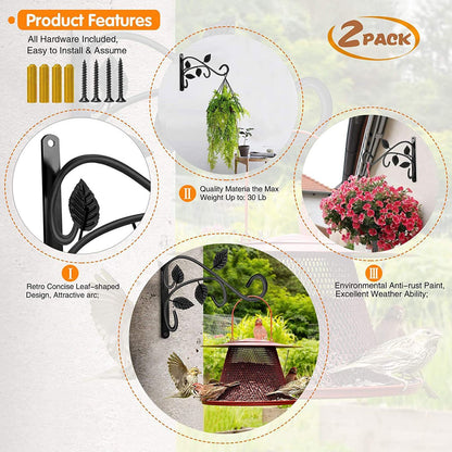 2pcs Hanging Plant Bracket Heavy Duty Rust Resistant Durable Iron Art Outdoor Planter Hanger Hooks Black V1294-YM0521-3115230021511