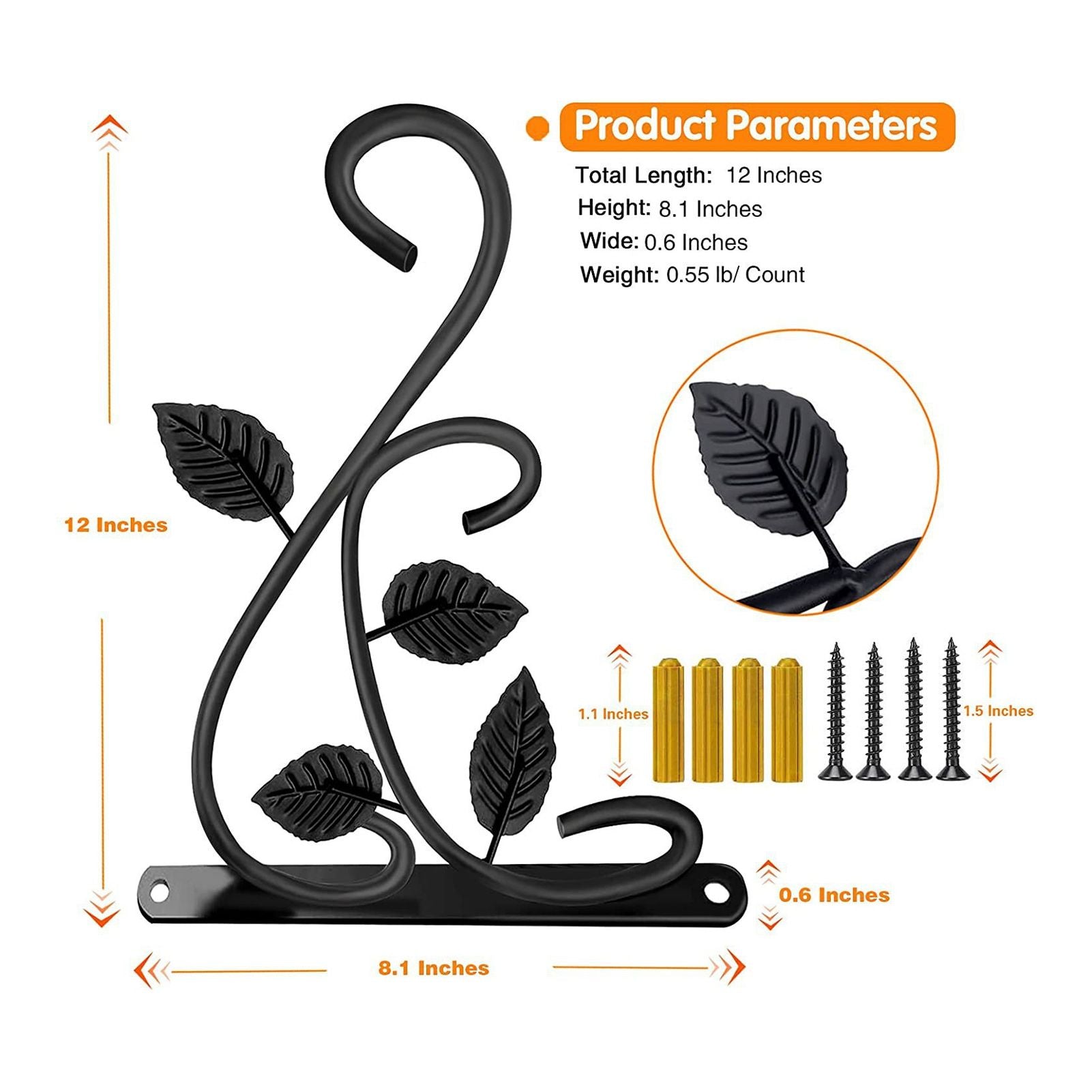 2pcs Hanging Plant Bracket Heavy Duty Rust Resistant Durable Iron Art Outdoor Planter Hanger Hooks Black V1294-YM0521-3115230021511