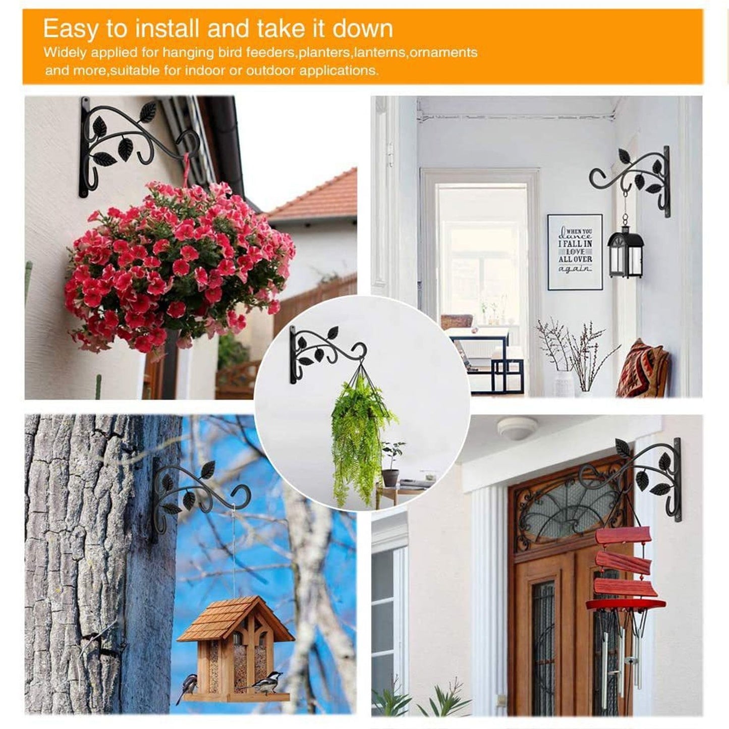 2pcs Hanging Plant Bracket Heavy Duty Rust Resistant Durable Iron Art Outdoor Planter Hanger Hooks Black V1294-YM0521-3115230021511