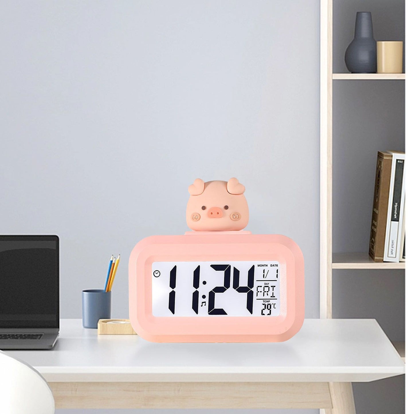 Electronic Clock Cute Cartoon LED Screen Desktop Electronic Alarm Data Time Calendar Temperature Clock Pink V1294-YM0521-3115230030611