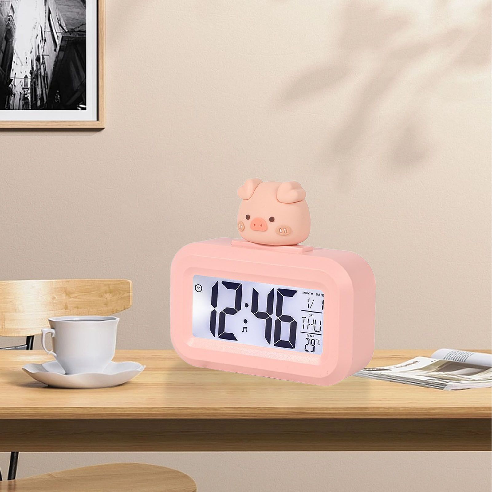 Electronic Clock Cute Cartoon LED Screen Desktop Electronic Alarm Data Time Calendar Temperature Clock Pink V1294-YM0521-3115230030611