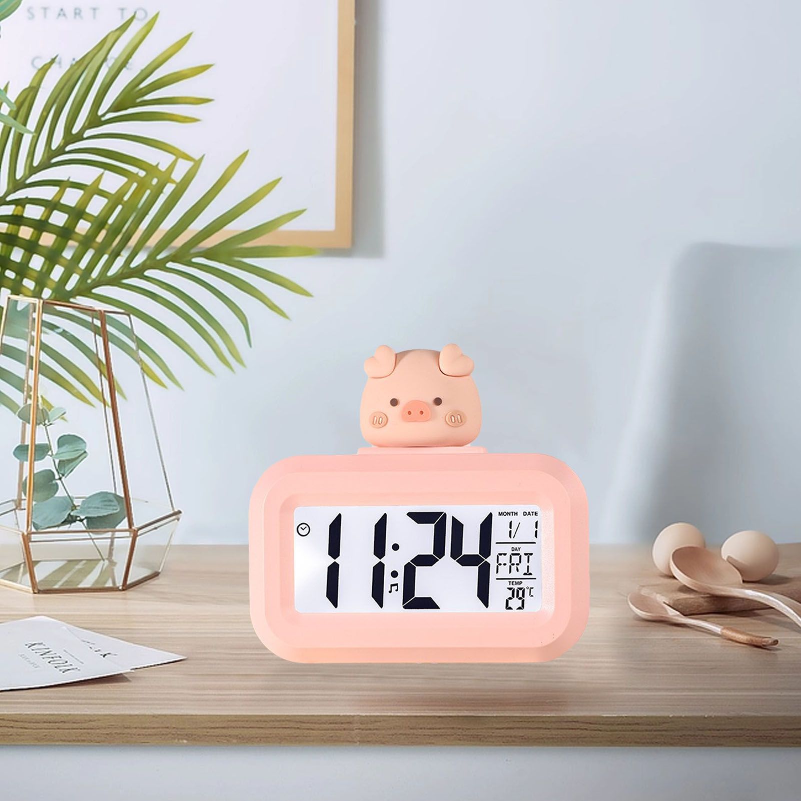 Electronic Clock Cute Cartoon LED Screen Desktop Electronic Alarm Data Time Calendar Temperature Clock Pink V1294-YM0521-3115230030611