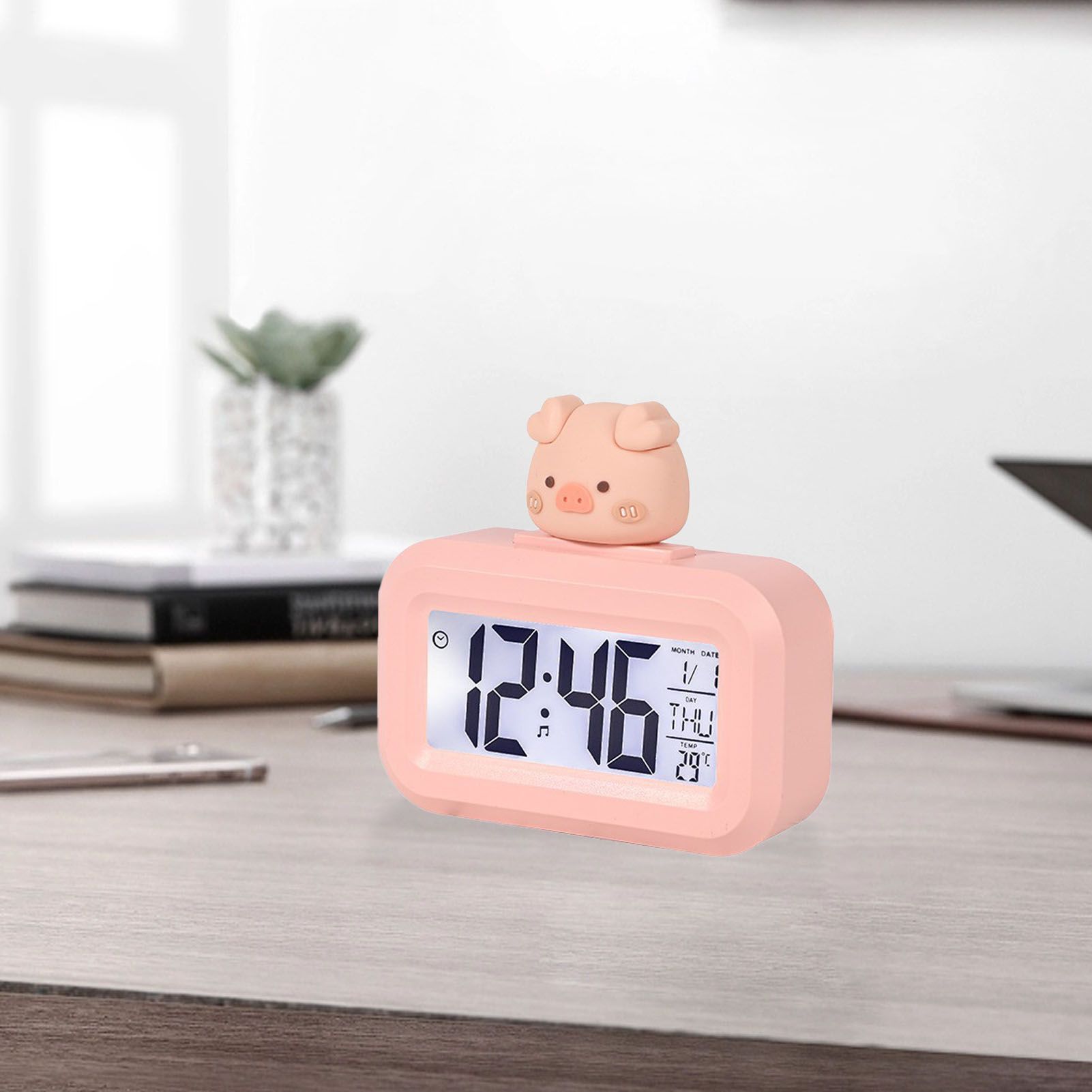 Electronic Clock Cute Cartoon LED Screen Desktop Electronic Alarm Data Time Calendar Temperature Clock Pink V1294-YM0521-3115230030611