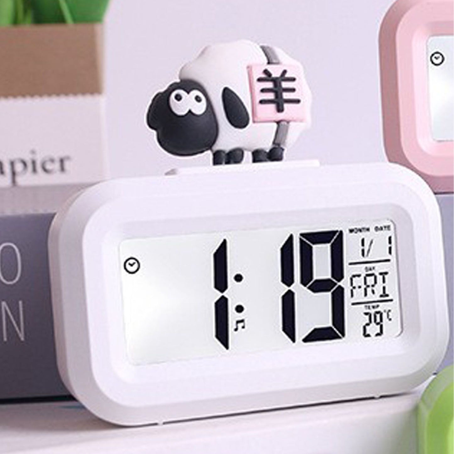Electronic Clock Cute Cartoon LED Screen Desktop Electronic Alarm Data Time Calendar Temperature Clock White V1294-YM0521-3115230030612