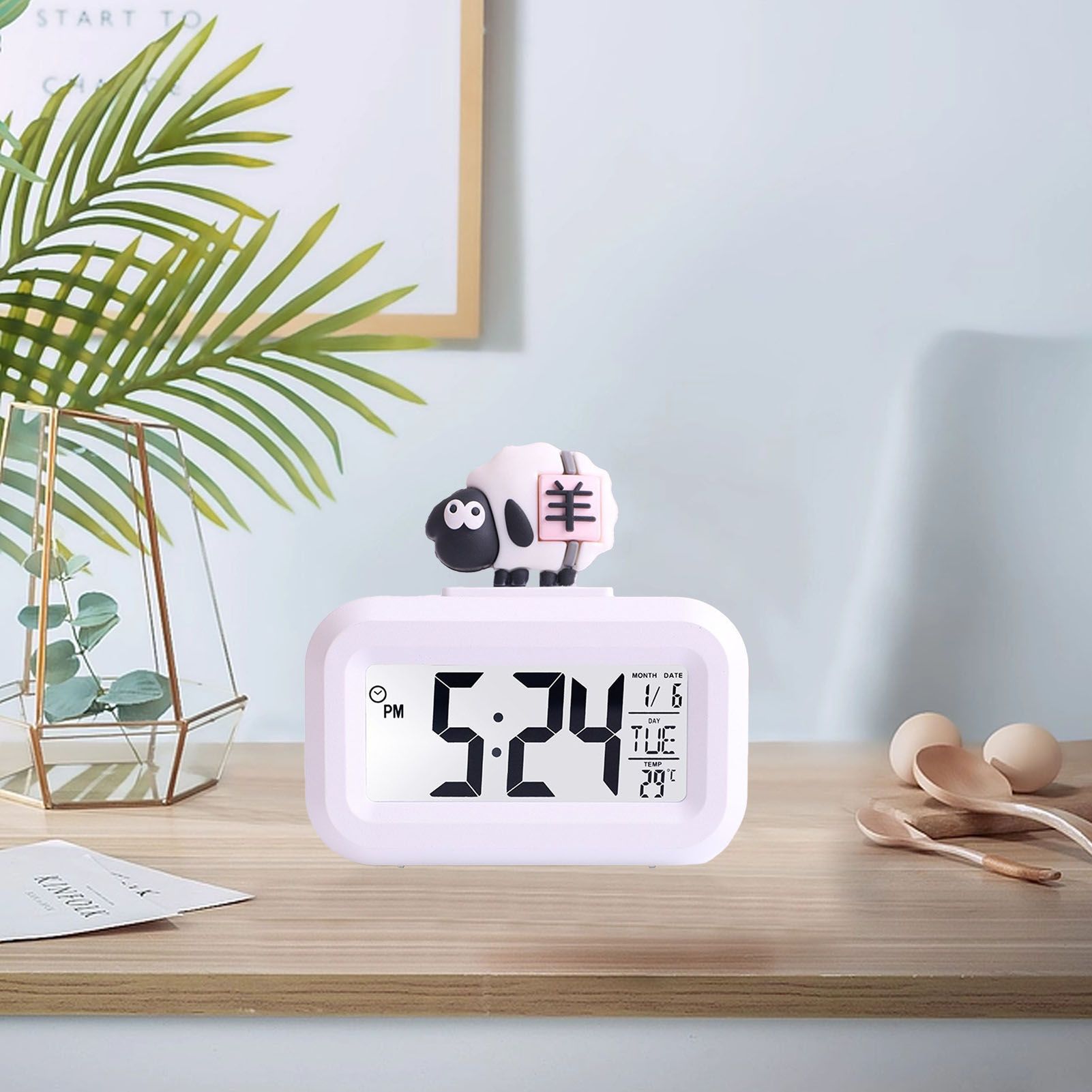 Electronic Clock Cute Cartoon LED Screen Desktop Electronic Alarm Data Time Calendar Temperature Clock White V1294-YM0521-3115230030612