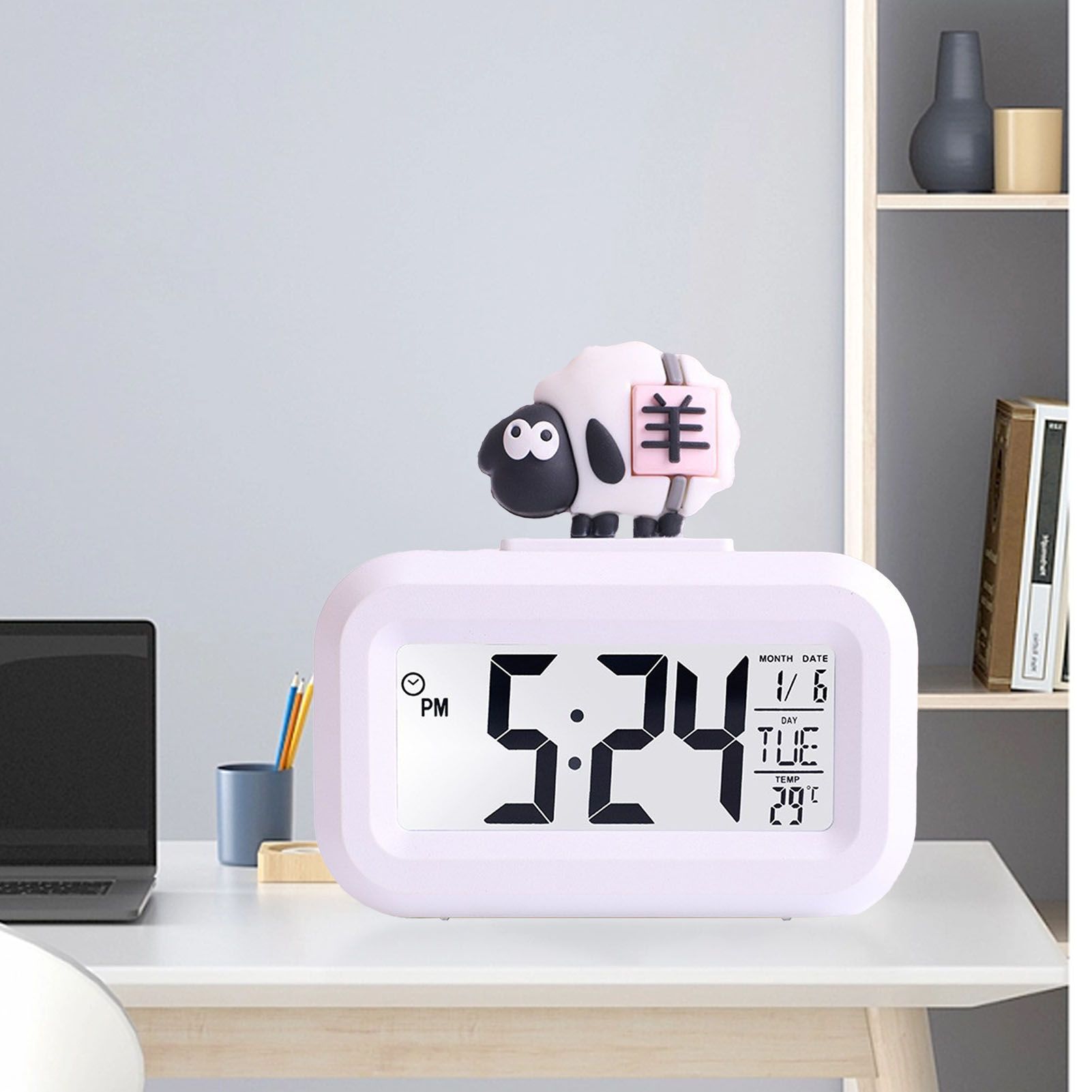 Electronic Clock Cute Cartoon LED Screen Desktop Electronic Alarm Data Time Calendar Temperature Clock White V1294-YM0521-3115230030612
