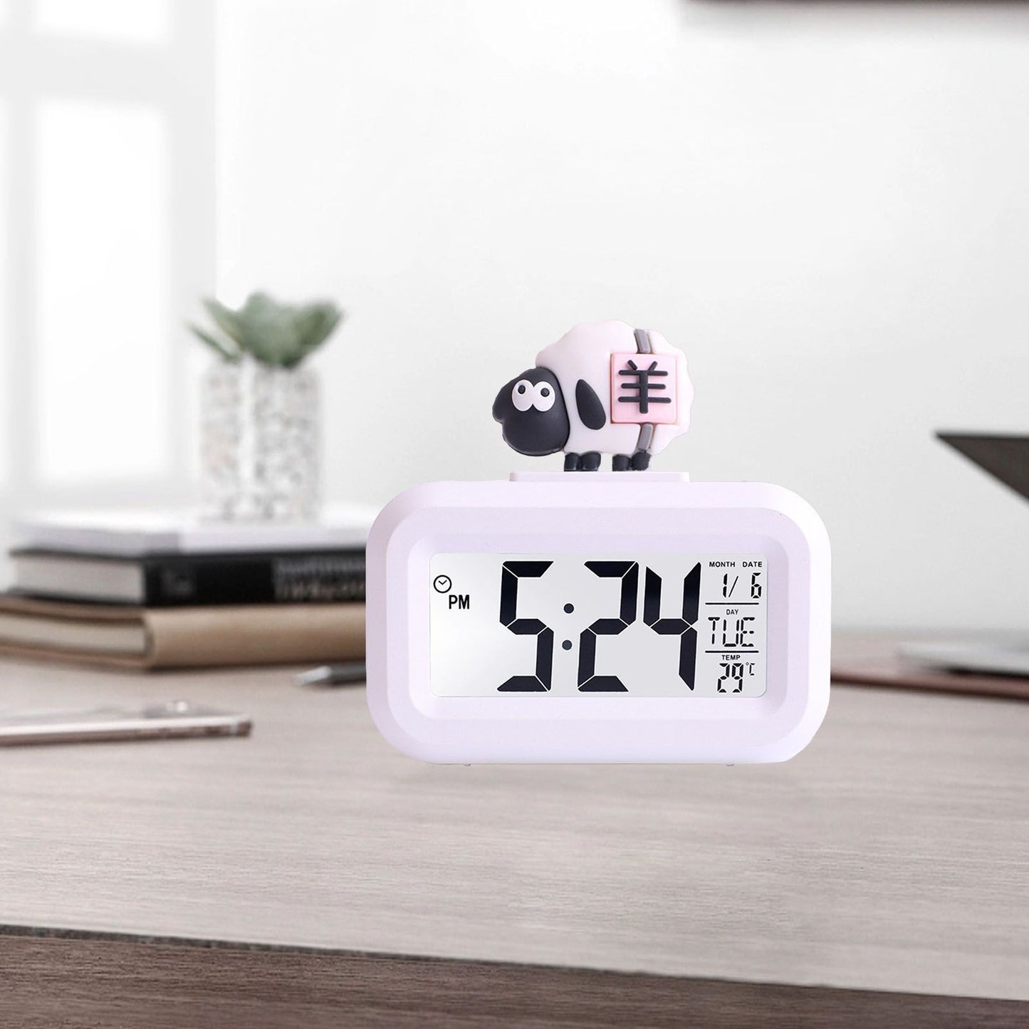 Electronic Clock Cute Cartoon LED Screen Desktop Electronic Alarm Data Time Calendar Temperature Clock White V1294-YM0521-3115230030612