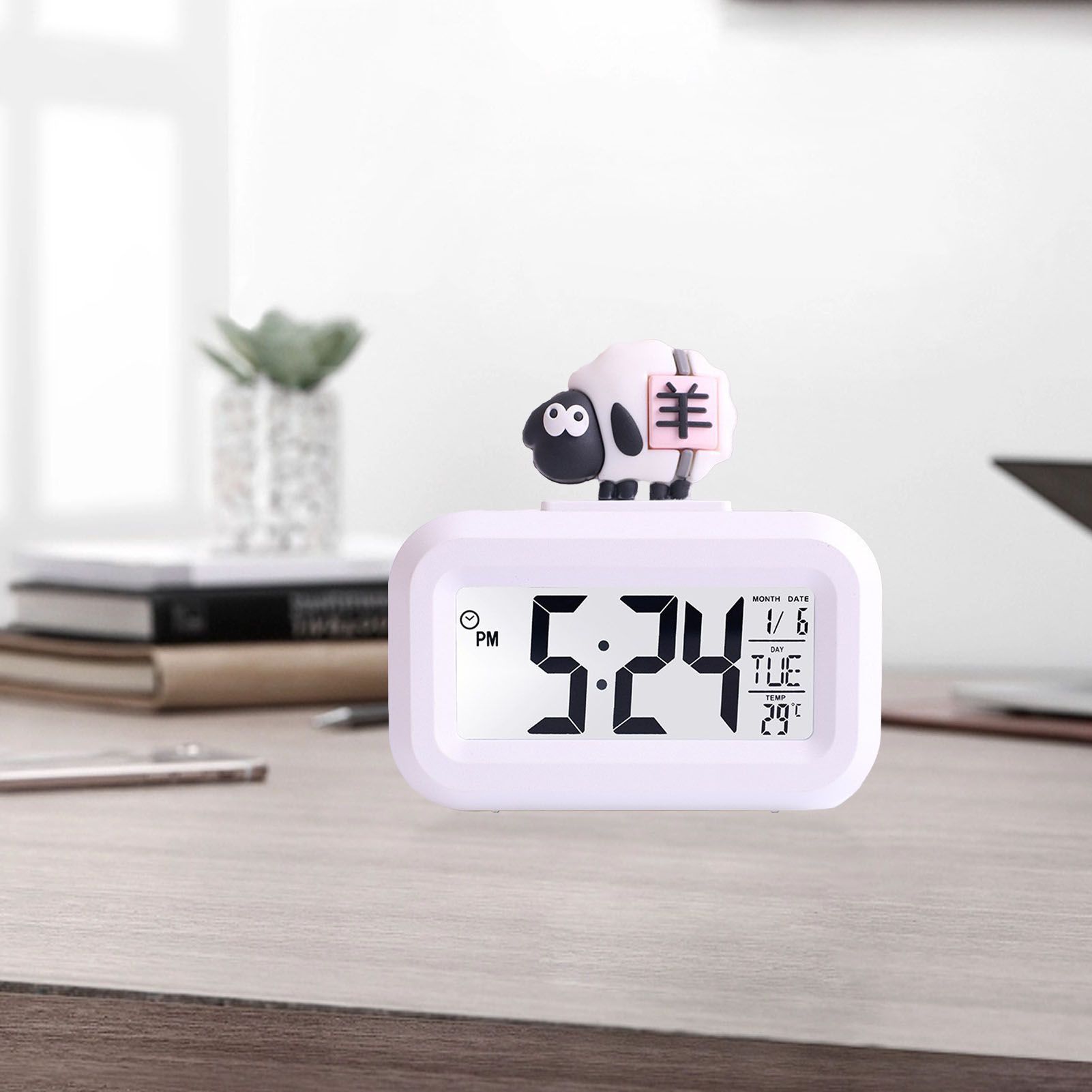 Electronic Clock Cute Cartoon LED Screen Desktop Electronic Alarm Data Time Calendar Temperature Clock White V1294-YM0521-3115230030612