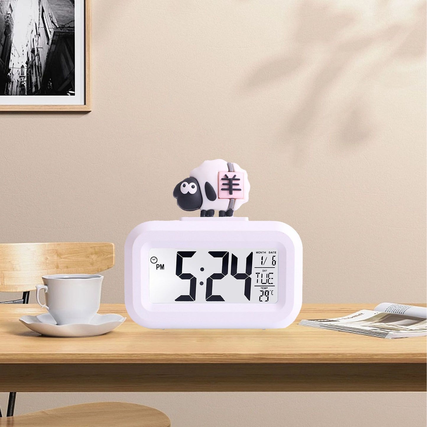 Electronic Clock Cute Cartoon LED Screen Desktop Electronic Alarm Data Time Calendar Temperature Clock White V1294-YM0521-3115230030612