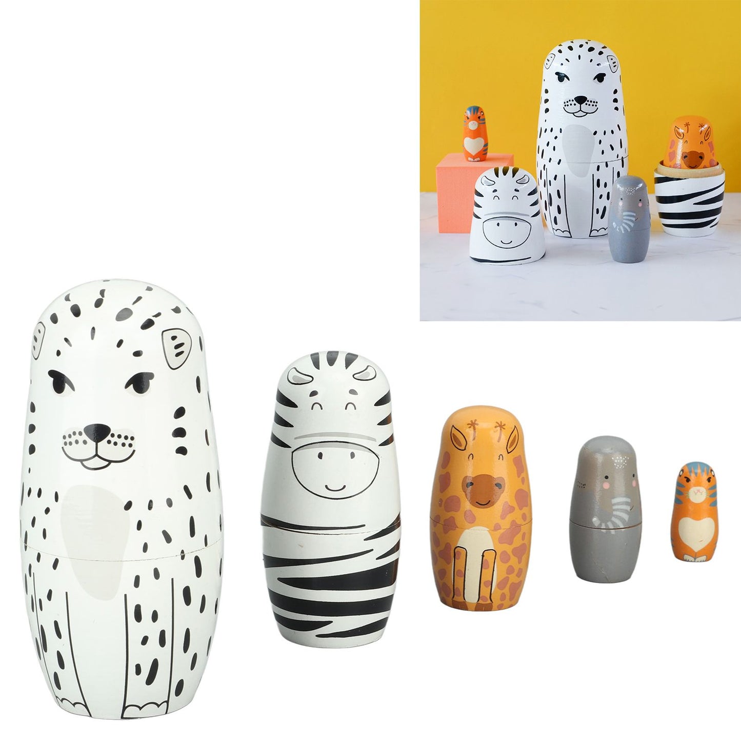 5Pcs Russian Nesting Dolls Hand Made Exquisite Wooden Animal Nesting Dolls for Christmas Gift House Decoration V1294-YM0521-3115230033711