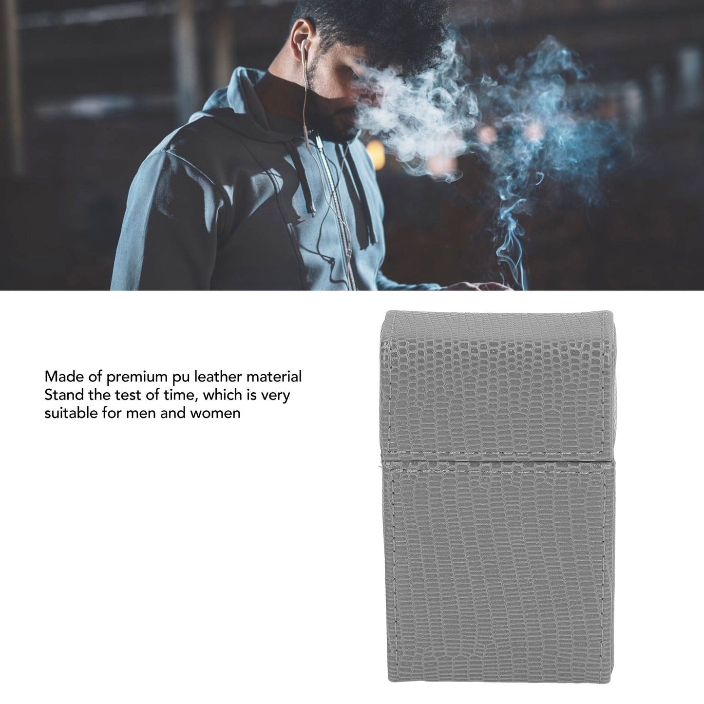 Cigarettes Box Holder Lizard Designed PU Leather Cigarettes Box Storage Case for Women Men Grey V1294-YM0521-3117220275313