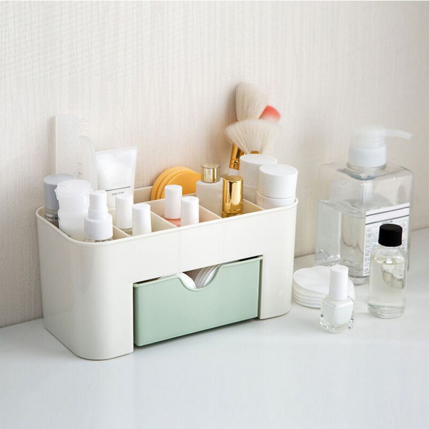 Cosmetics Makeup Organizer PP Multifunctional 6 Compartments Makeup Desk Organizer with Drawer Green V1294-YM0521-3117220283511