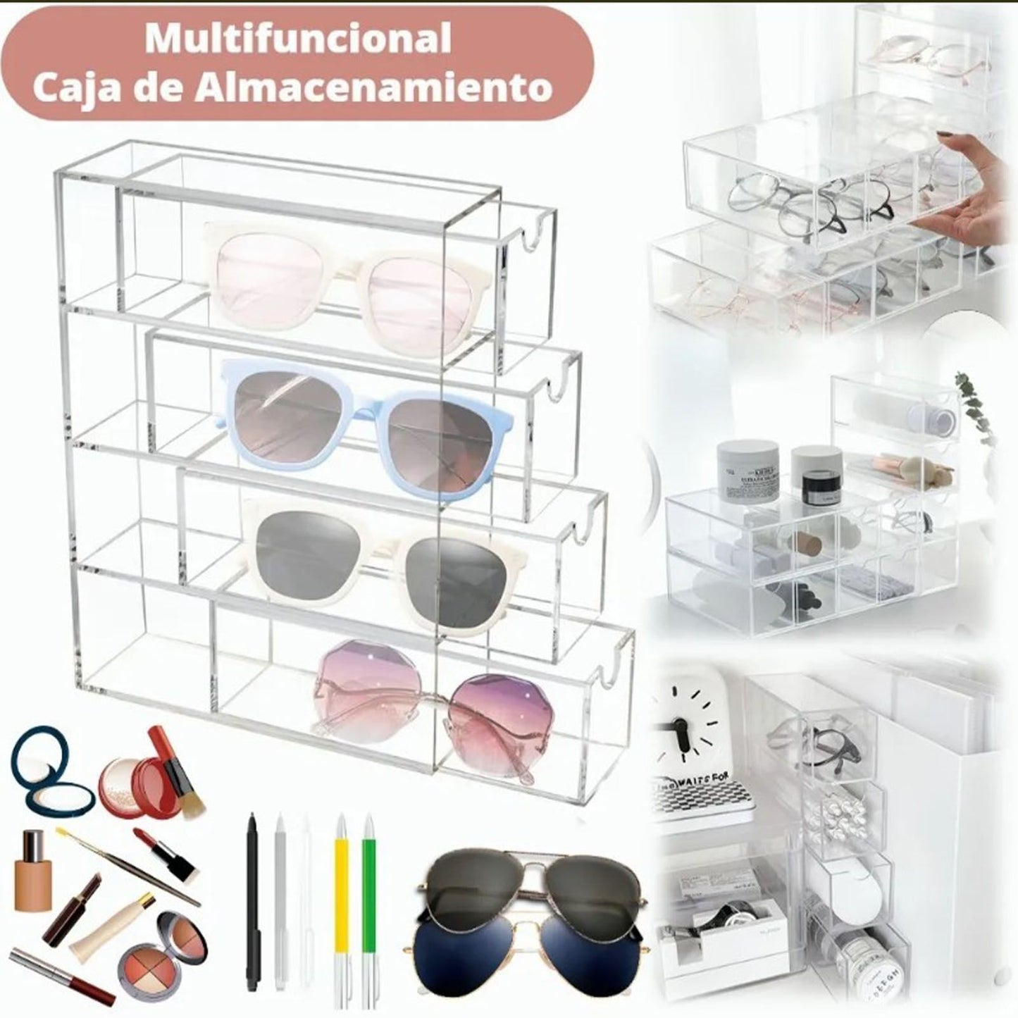 4 Drawers Eyeglass Storage Organizer Box Clear Acrylic Stackable Sunglasses Display Holder Organizer for V1294-YM0521-3117220286411
