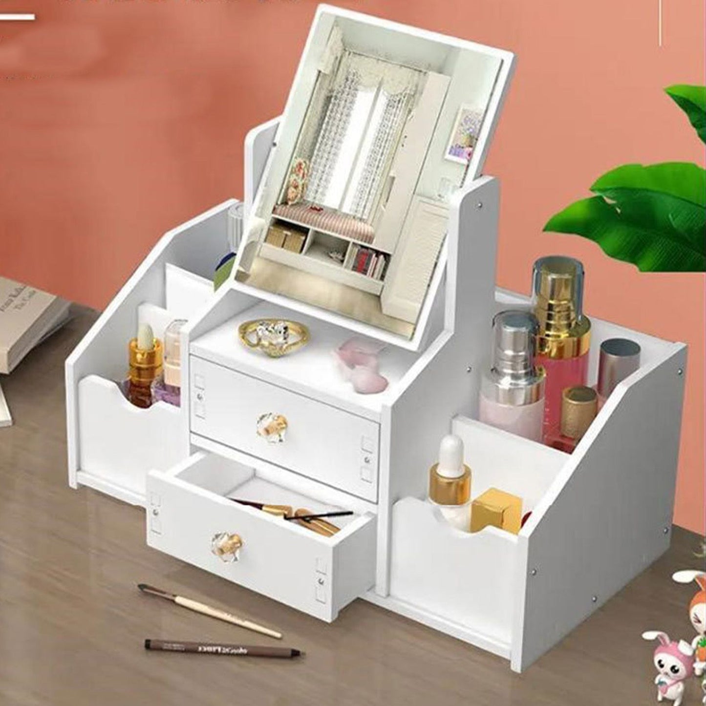 Cosmetic Storage Drawer Large Capacity Plastic Drawer Stationery Container with Mirror White V1294-YM0521-3117220286511