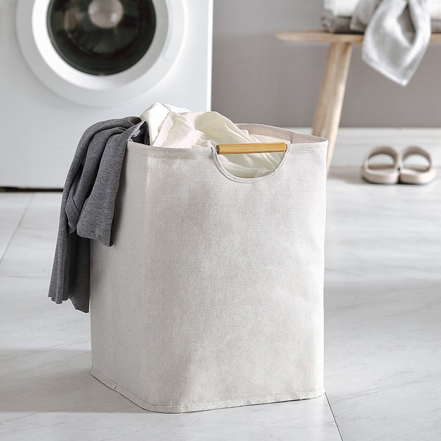 Large Laundry Basket Waterproof Collapsible Laundry Hamper with Wooden Handle for Household Bathroom L 56cm V1294-YM0521-3117220298712