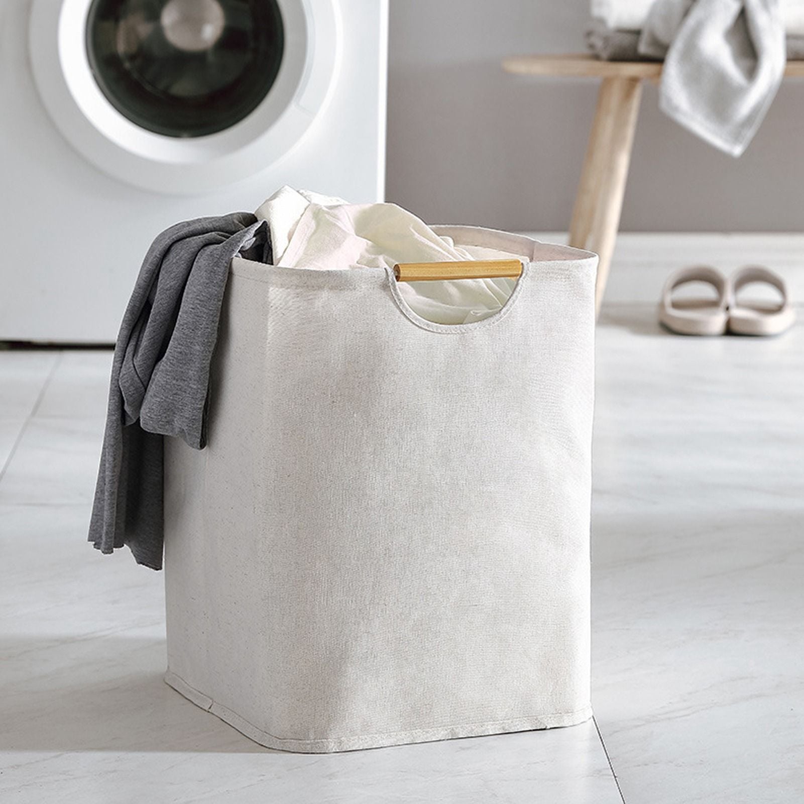 Large Laundry Basket Waterproof Collapsible Laundry Hamper with Wooden Handle for Household Bathroom L 56cm V1294-YM0521-3117220298712