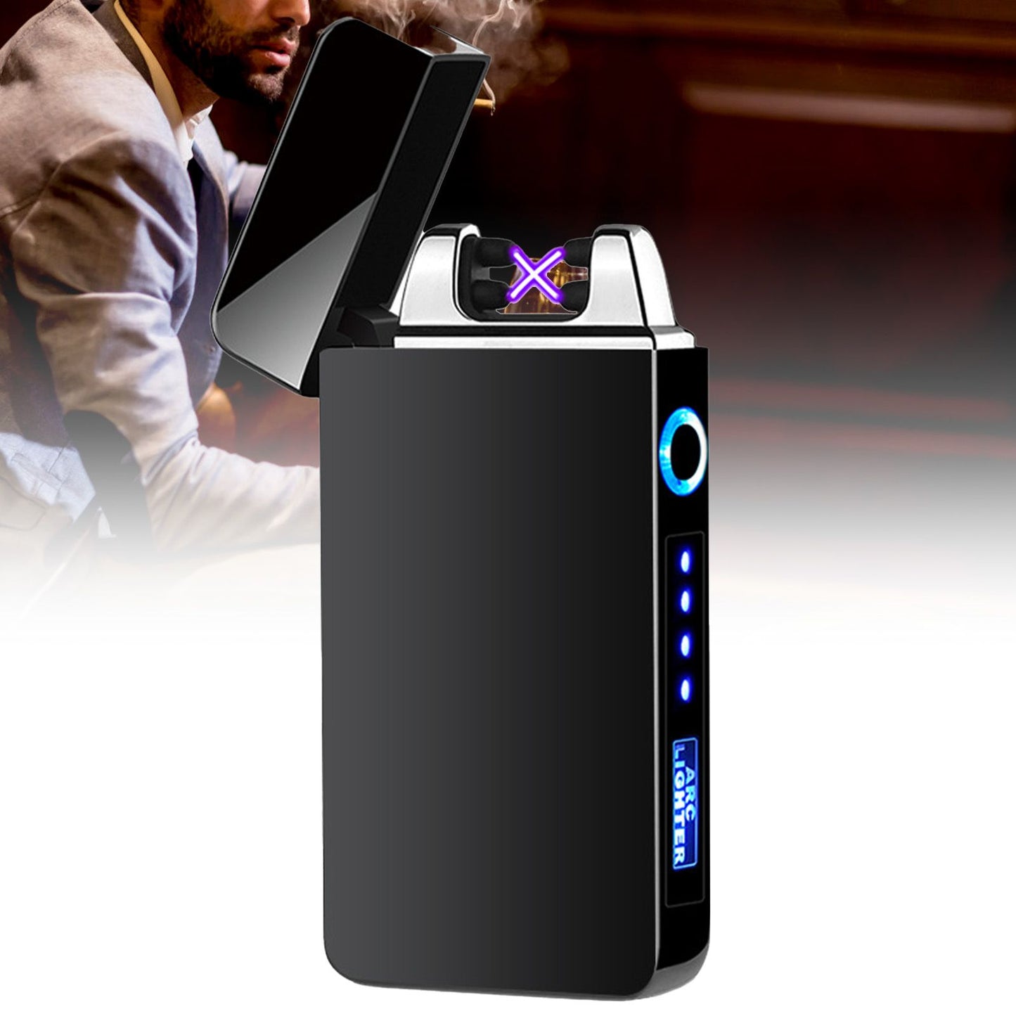 Double Arc Pulsing Cigarette Lighter Zinc Alloy Side Pressing Type Power Display Flameless Electric Lighter V1294-YM0521-3117220300111