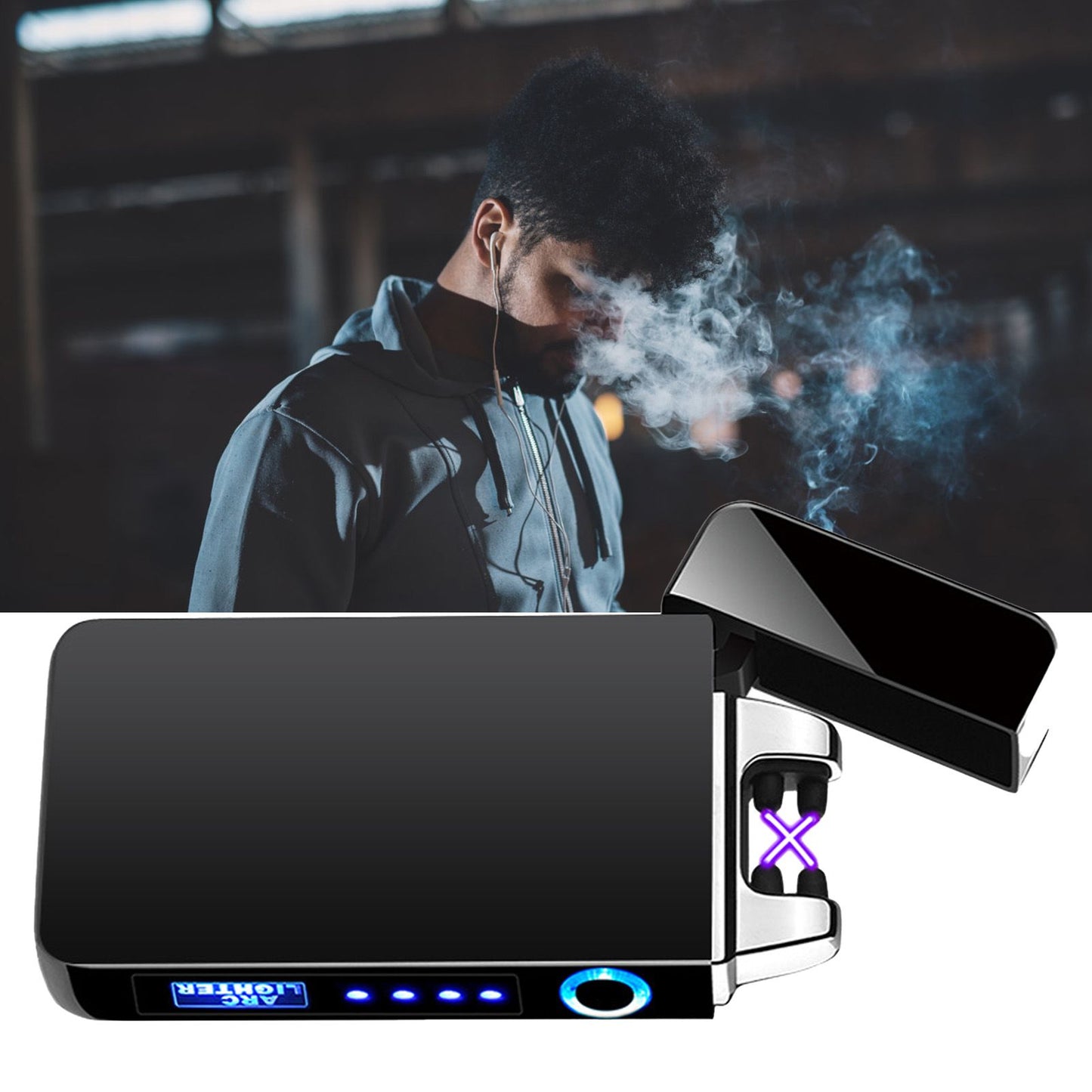 Double Arc Pulsing Cigarette Lighter Zinc Alloy Side Pressing Type Power Display Flameless Electric Lighter V1294-YM0521-3117220300111