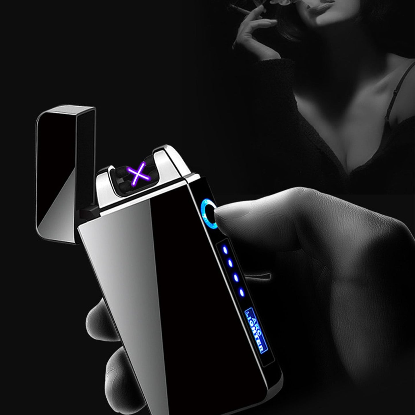 Double Arc Pulsing Cigarette Lighter Zinc Alloy Side Pressing Type Power Display Flameless Electric Lighter V1294-YM0521-3117220300111