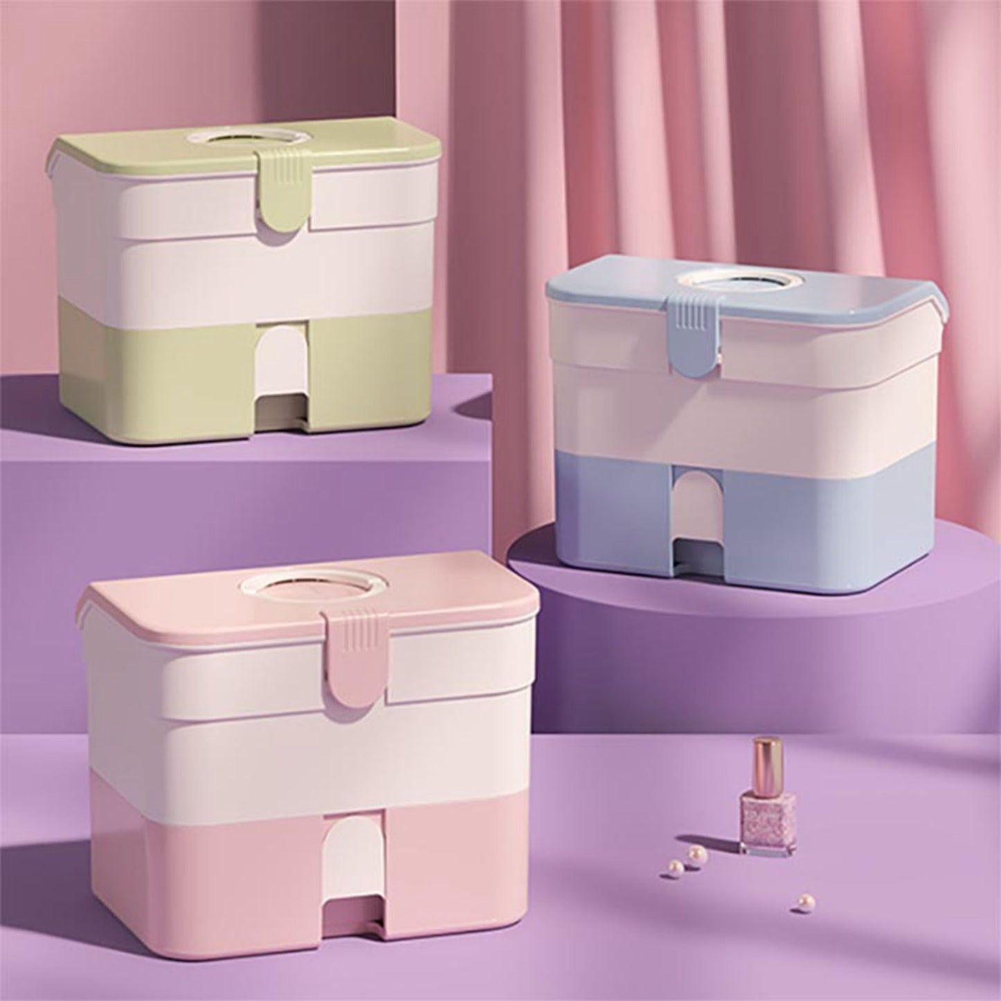 Cosmetic Storage Box 2 Layers Drawer Large Capacity Portable Makeup Storage Box with Handle for Nail Polish V1294-YM0521-3117220310313