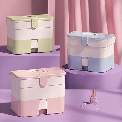 Cosmetic Storage Box 2 Layers Drawer Large Capacity Portable Makeup Storage Box with Handle for Nail Polish V1294-YM0521-3117220310313